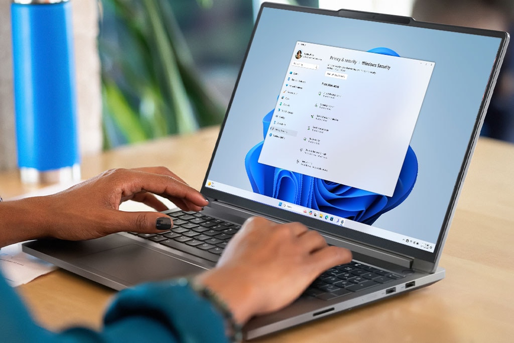 Overhead shot of the Lenovo ThinkBook 16p laptop with Windows Security menu on the display.