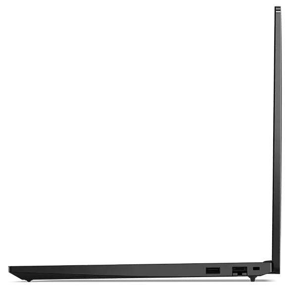 Right side view of Lenovo ThinkPad E16 Gen 2 (16” Intel) laptop, opened 90 degrees, showing display  and keyboard edges, and ports.