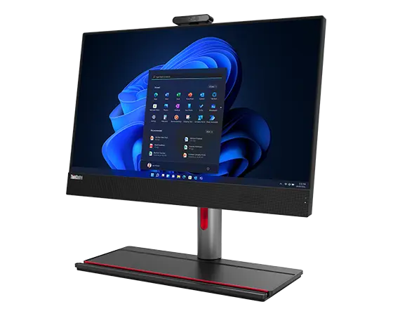 Lenovo ThinkCentre M90a Gen 5 (24″ Intel) all-in-one PC, at an angle, showing display, Full Function Monitor Stand, & placeholder for phone & keyboard