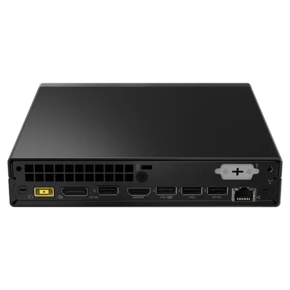 Rear-facing Lenovo ThinkCentre Neo 50q Gen 4 Tiny (Intel), laid horizontally, showing rear ports