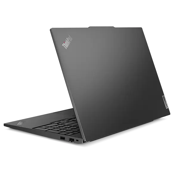 Rear side view of  Lenovo ThinkPad E16 Gen 2 (16” Intel) laptop, opened slightly,  showing top cover and part of keyboard.