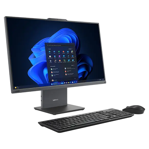 Lenovo ThinkCentre Neo 50a Gen 5 27″ all-in-one desktop PC -- front-right side view showing a wireless keyboard and mouse with a Windows 11 Pro start menu on the screen.