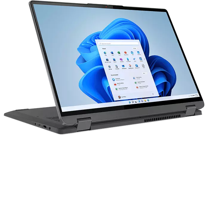 Left-side view of IdeaPad Flecx 5 Gen 7, opened 90 degrees in presentation mode, showing display 