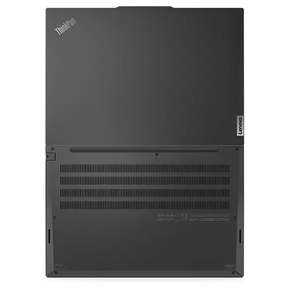 Overhead shot of Lenovo ThinkPad E16 Gen 2 (16” Intel) laptop, opened 180 degrees, laid flat, showing top and  rear covers.