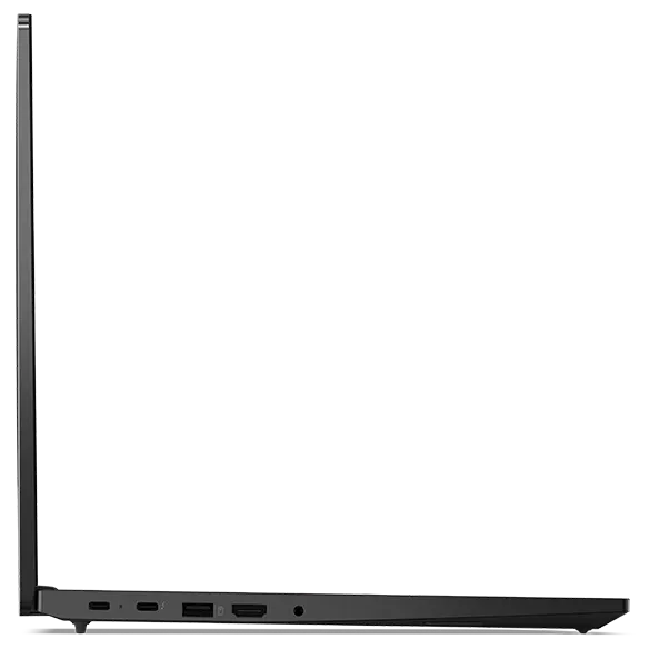 Left side view of Lenovo ThinkPad E16 Gen 2 (16” Intel) laptop, opened 90 degrees, showing display  and keyboard edges, and ports.