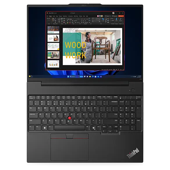 Overhead shot of Lenovo ThinkPad E16 Gen 2 (16” Intel)  laptop, opened 180 degrees, laid flat, showing display  and keyboard.