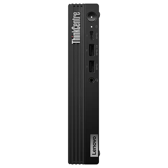 Front-view of Lenovo ThinkCentre M75q Gen 5 Tiny desktop.