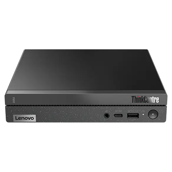 Front-facing Lenovo ThinkCentre Neo 50q Gen 4 Tiny (Intel), laid horizontally, showing front ports