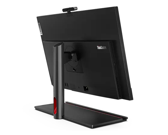 Side view of rear-facing Lenovo ThinkCentre M90a Gen 5 (24″ Intel) all-in-one PC, showing rear cover & ports, & back of tilt-only stand