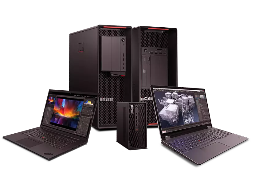 Two Lenovo ThinkPad P Series mobile workstations, opened, either side of two Lenovo ThinkStation tower PCs & a ThinkCentre PC tiny PC.