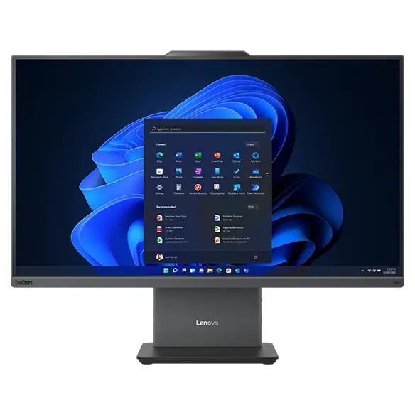 Lenovo ThinkCentre Neo 50a Gen 5 27″ all-in-one desktop PC – close up, front view, showing Windows 11 Pro start menu on the screen.