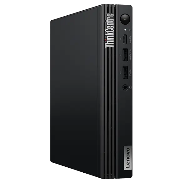 Front-view of Lenovo ThinkCentre M75q Gen 5 Tiny desktop.