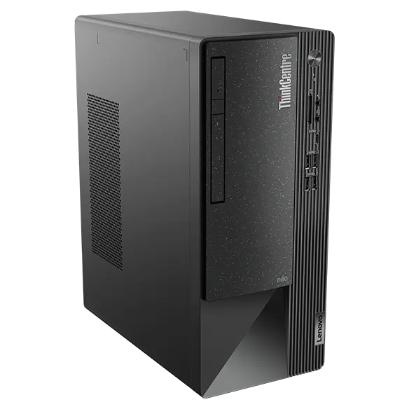 The front and left sides of the ThinkCentre Neo 50t Gen 4 (Intel) business tower, viewed at eye-level